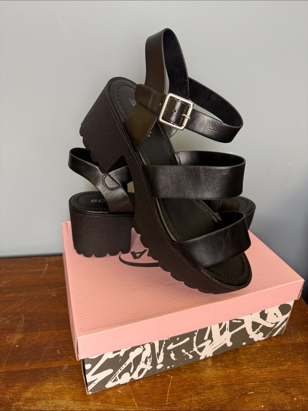 Soda Black Chunky Platform Strappy Sandal with Buckle